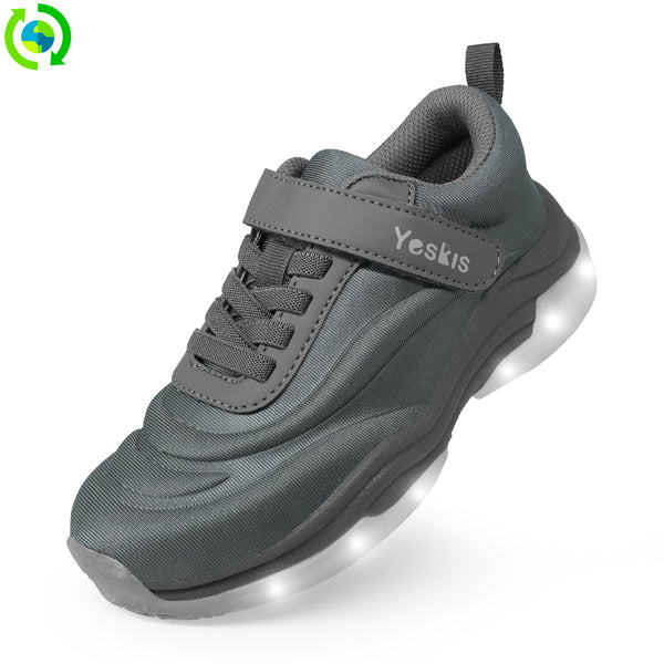 YESKIS Boys Light Up LED Fizzzy Sneakers with On/Off Switch Running Shoes for Kids Grey