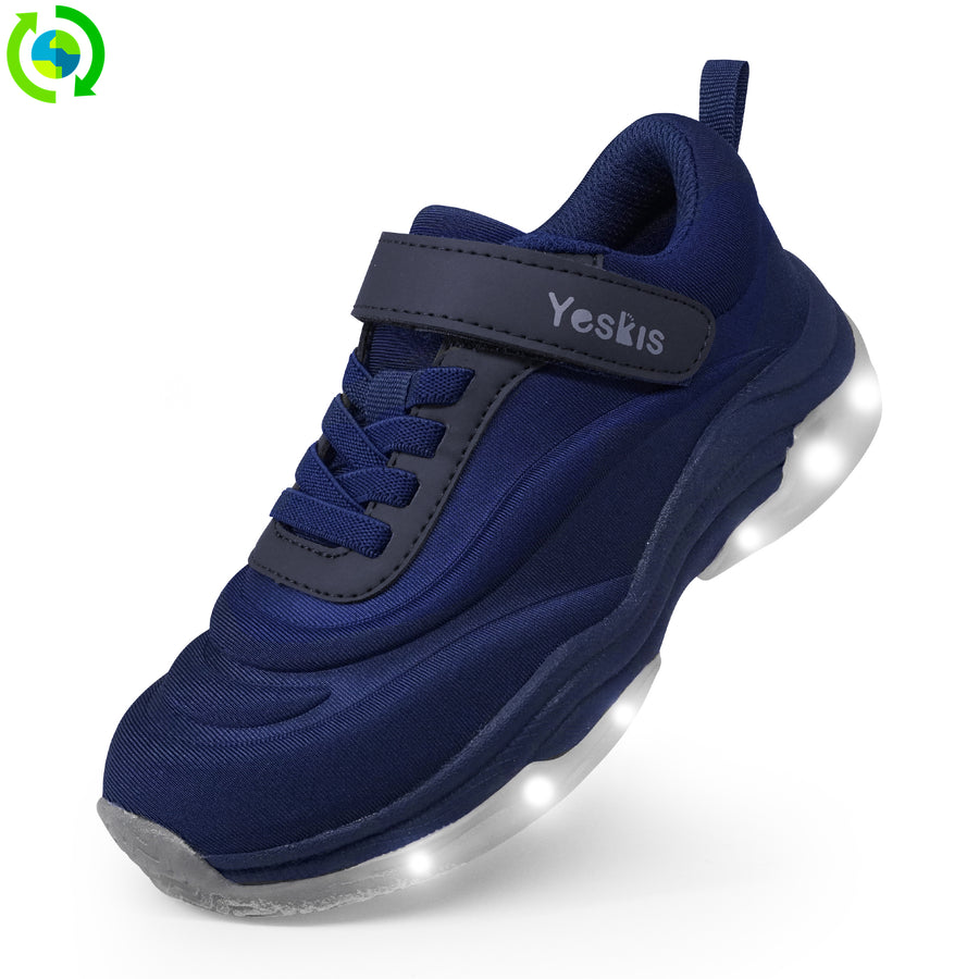 YESKIS Boys Light Up LED Fizzzy Sneakers with On/Off Switch Running Shoes for Kids Navy