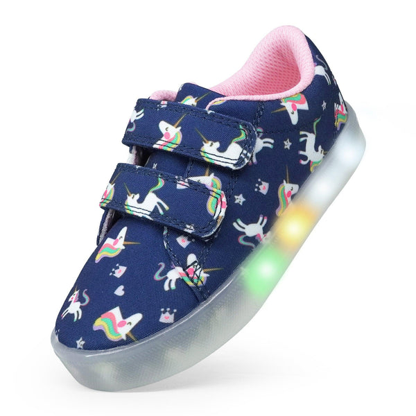 YESKIS Girls Luminous Shoes Vivaki LED Canvas Velcro Cartoon Casual Sports Shoes Dark Blue