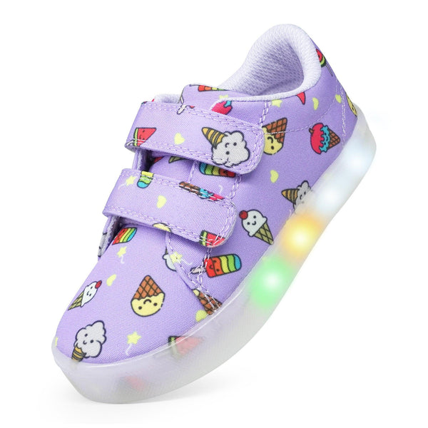 YESKIS Girls Luminous Shoes Vivaki LED Canvas Velcro Cartoon Casual Sports Shoes Purple