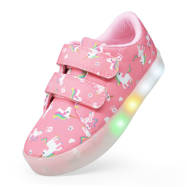 YESKIS Girls Luminous Shoes Vivaki LED Canvas Velcro Cartoon Casual Sports Shoes Pink