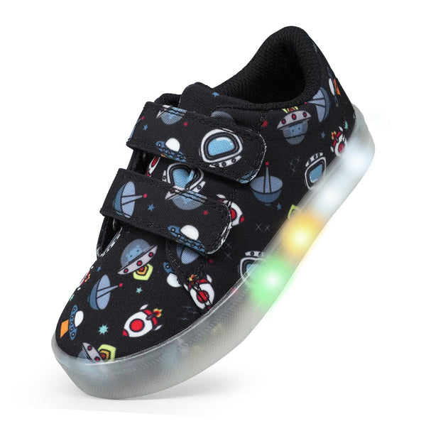 YESKIS Boys Luminous Shoes Vivaki LED Canvas Velcro Cartoon Casual Sports Shoes Black