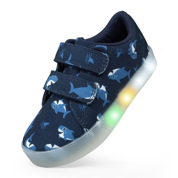 YESKIS Boys Luminous Shoes Vivaki LED Canvas Velcro Cartoon Casual Sports Shoes Navy Blue